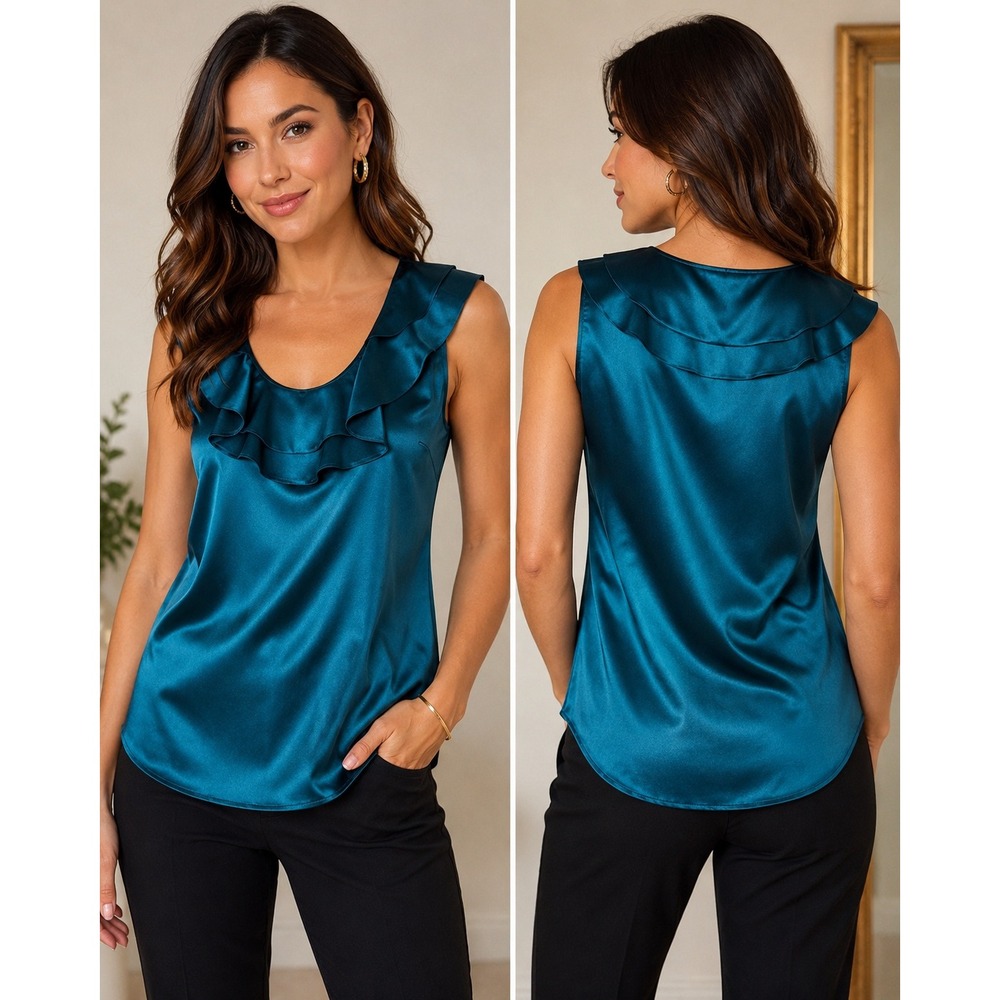 Teal Silk Ruffle Neck Sleeveless Blouse Top‎ Stretch Career Party S